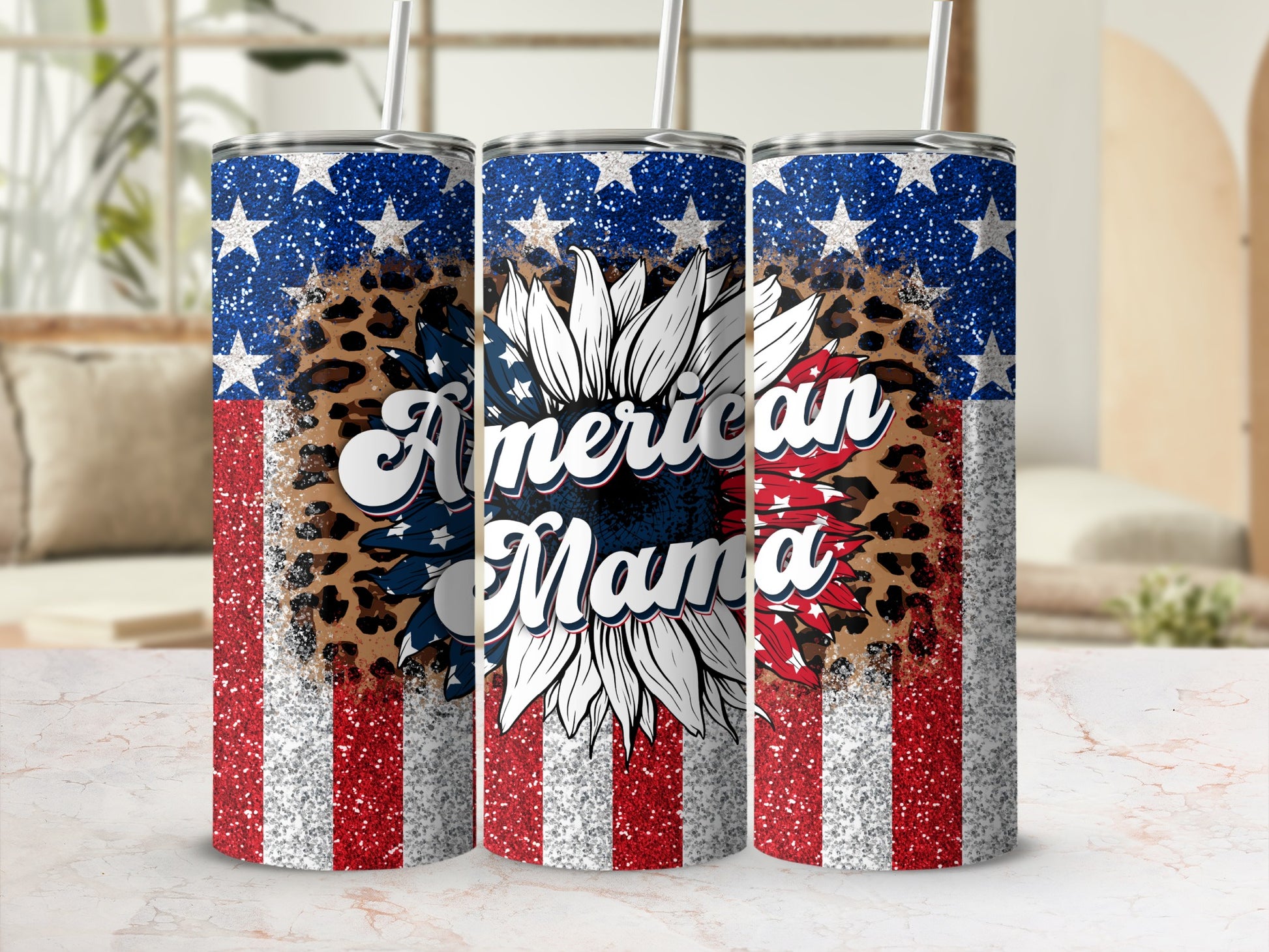 American Mama Leopard Glitter Flag Sunflower Tumbler product type