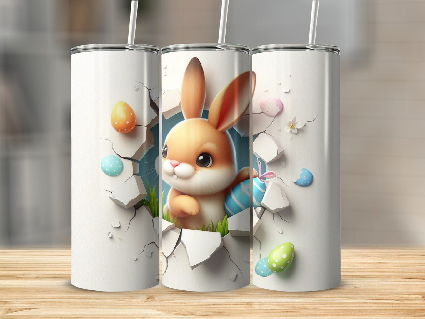 Easter bunny with decorated eggs breaking through a white surface.