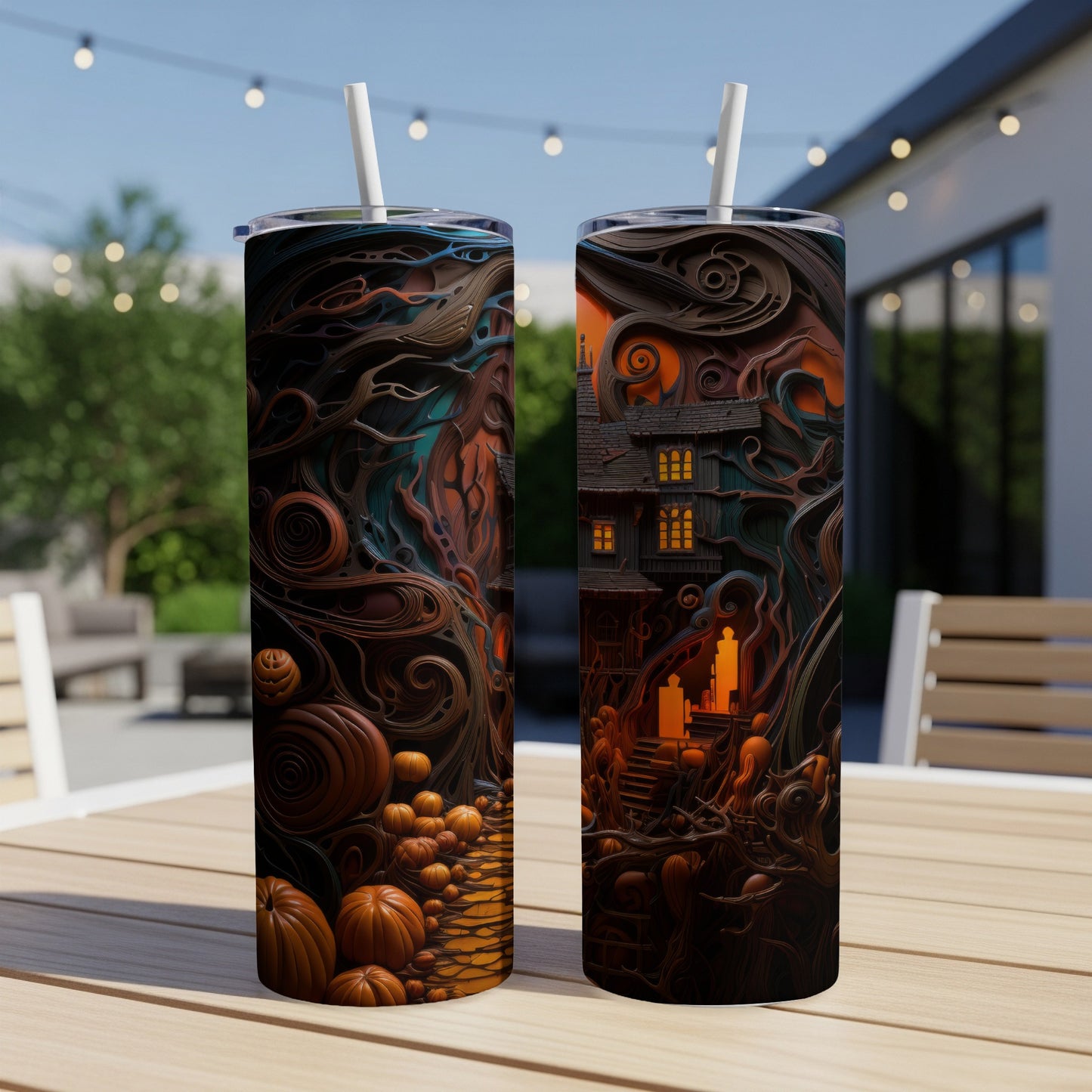 Two tumblers with a spooky Halloween scene featuring pumpkins and a haunted house.