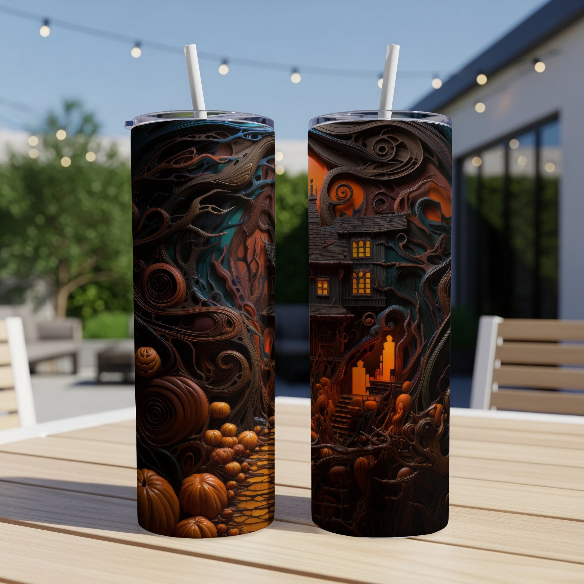 Two tumblers with a spooky Halloween scene featuring pumpkins and a haunted house.
