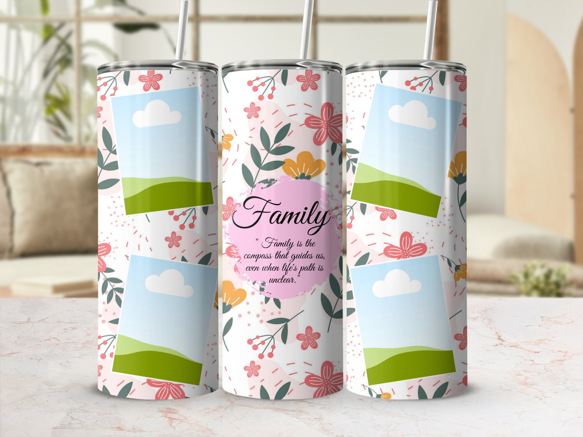 Three tumblers with floral pattern and quote "Family is the compass".