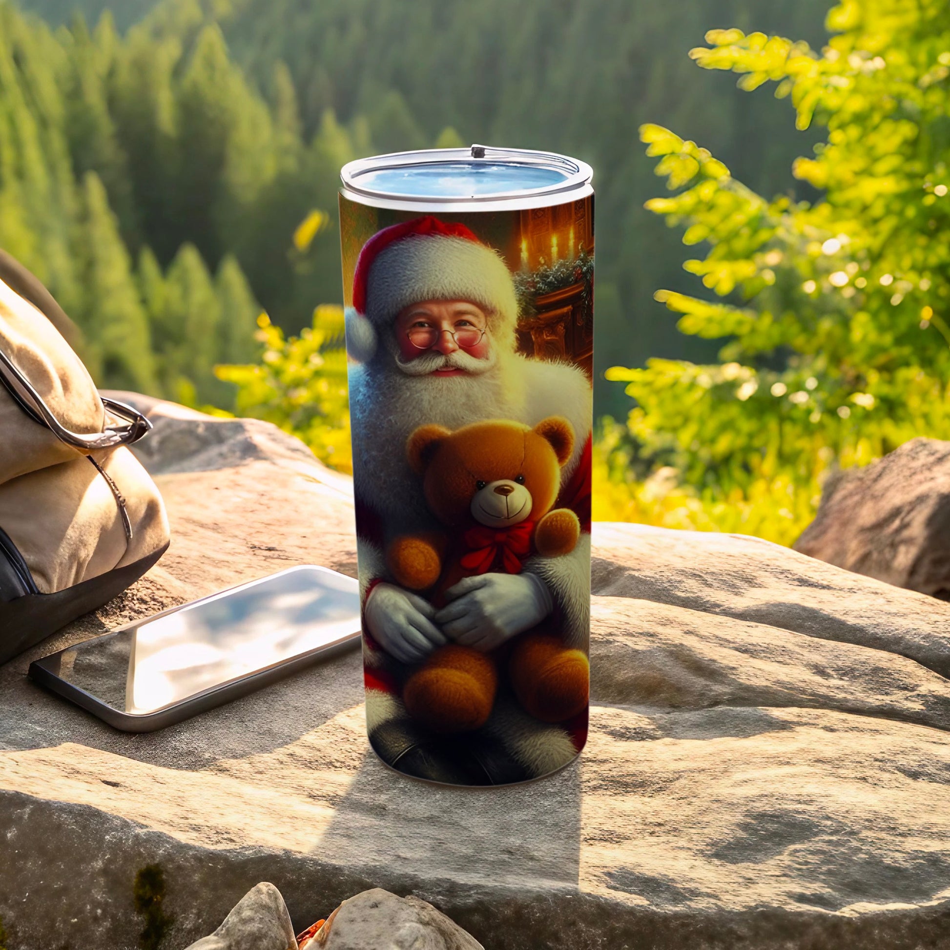 Festive Santa Holding Teddy Bear Insulated Tumbler