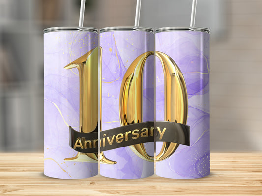 Gold "10 Anniversary" text on a purple abstract background tumbler.