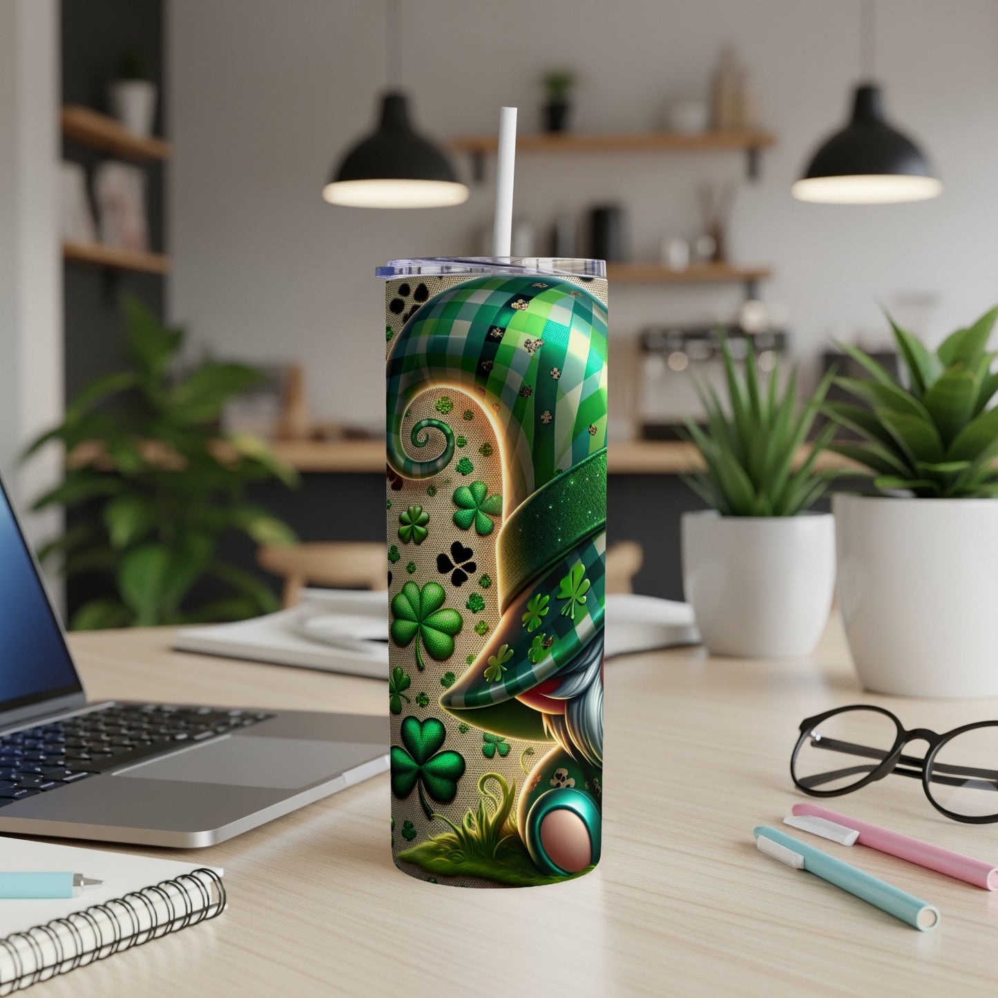 Leprechaun-themed tumbler with shamrocks and swirls.