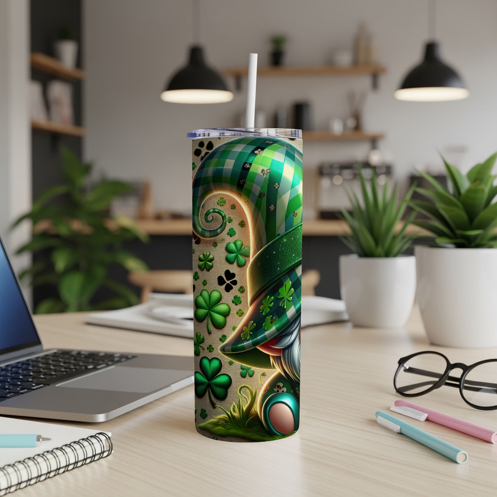 Leprechaun-themed tumbler with shamrocks and swirls.