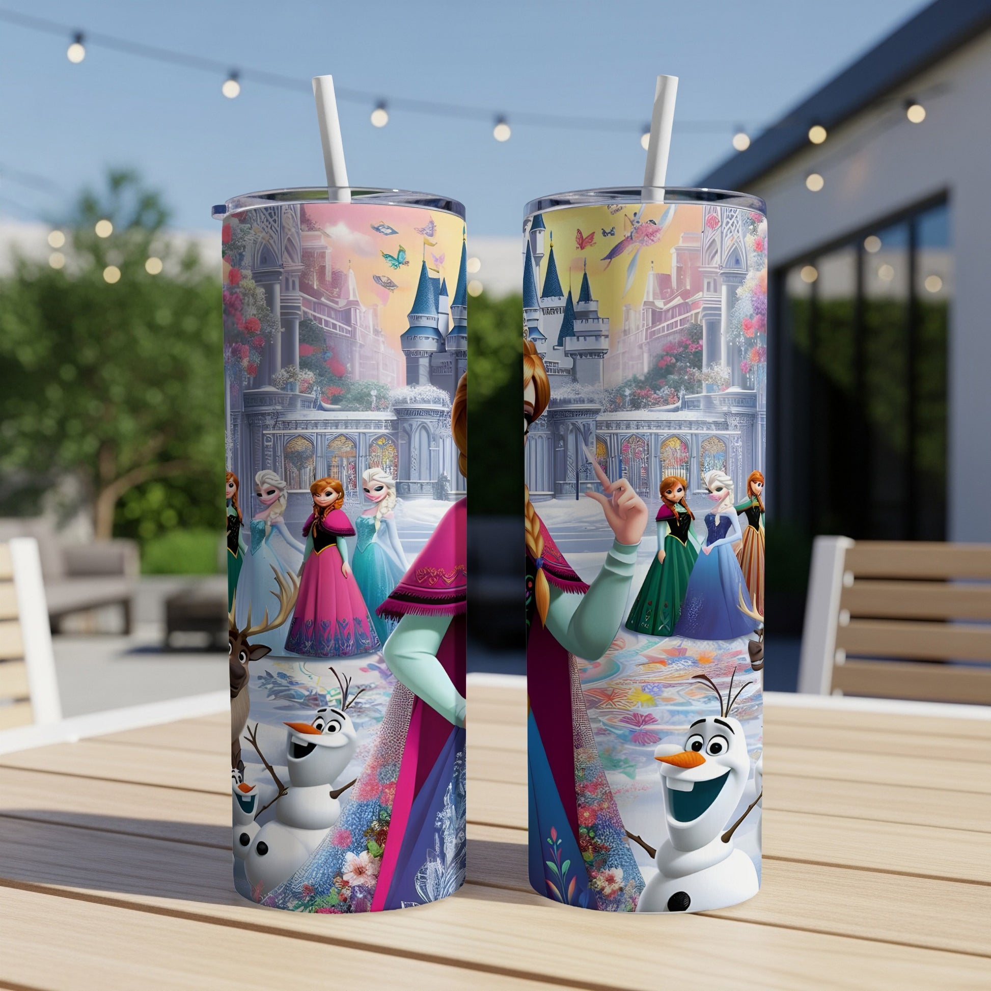 Frozen characters with Olaf and castle on a double-sided tumbler.