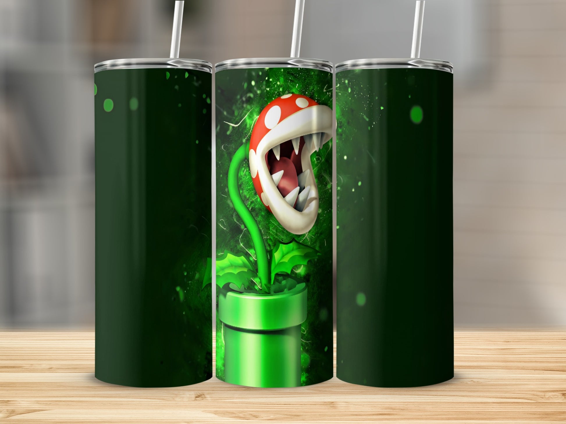 Green tumbler with a Piranha Plant illustration from Super Mario.
