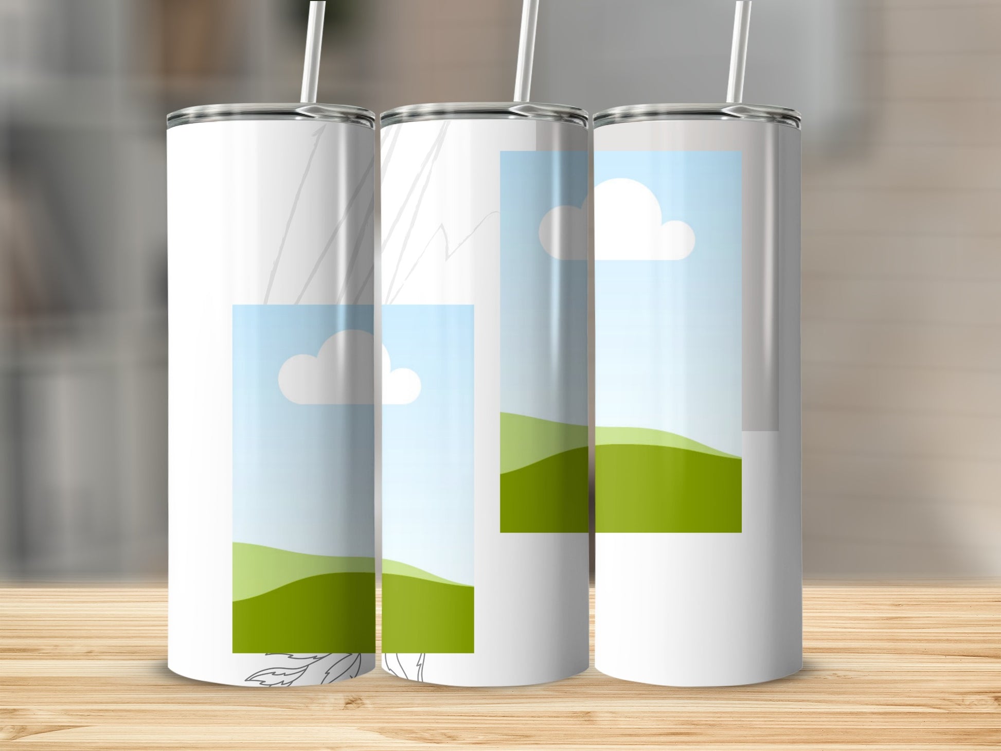 Three white tumblers with straw display a sky with clouds and green rolling hills design.