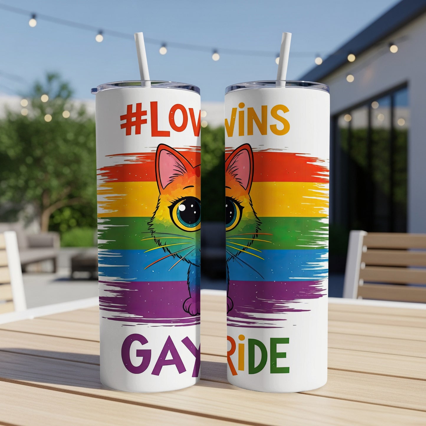 Rainbow tumbler with cat and #LOVEWINS GAY PRIDE text.