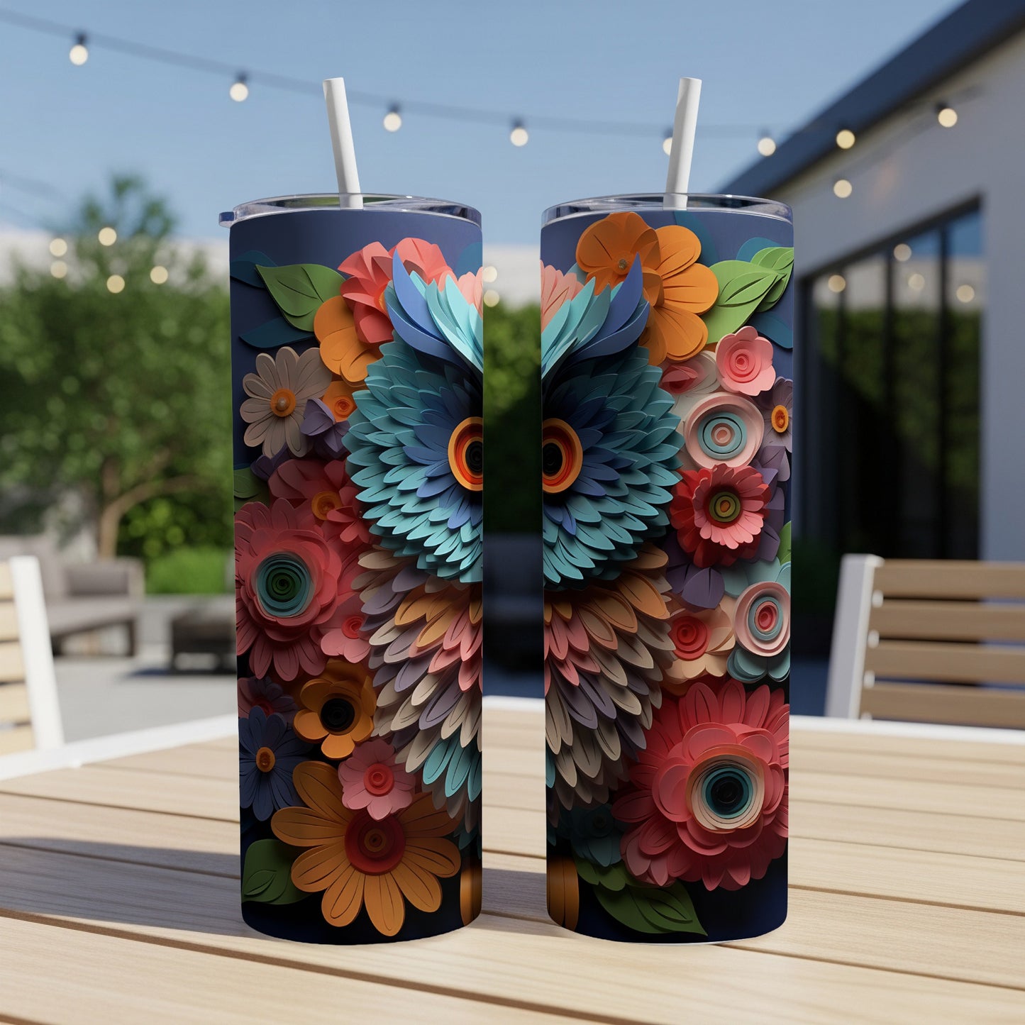 Two tumblers with a colorful floral owl design on a wooden table outdoors.