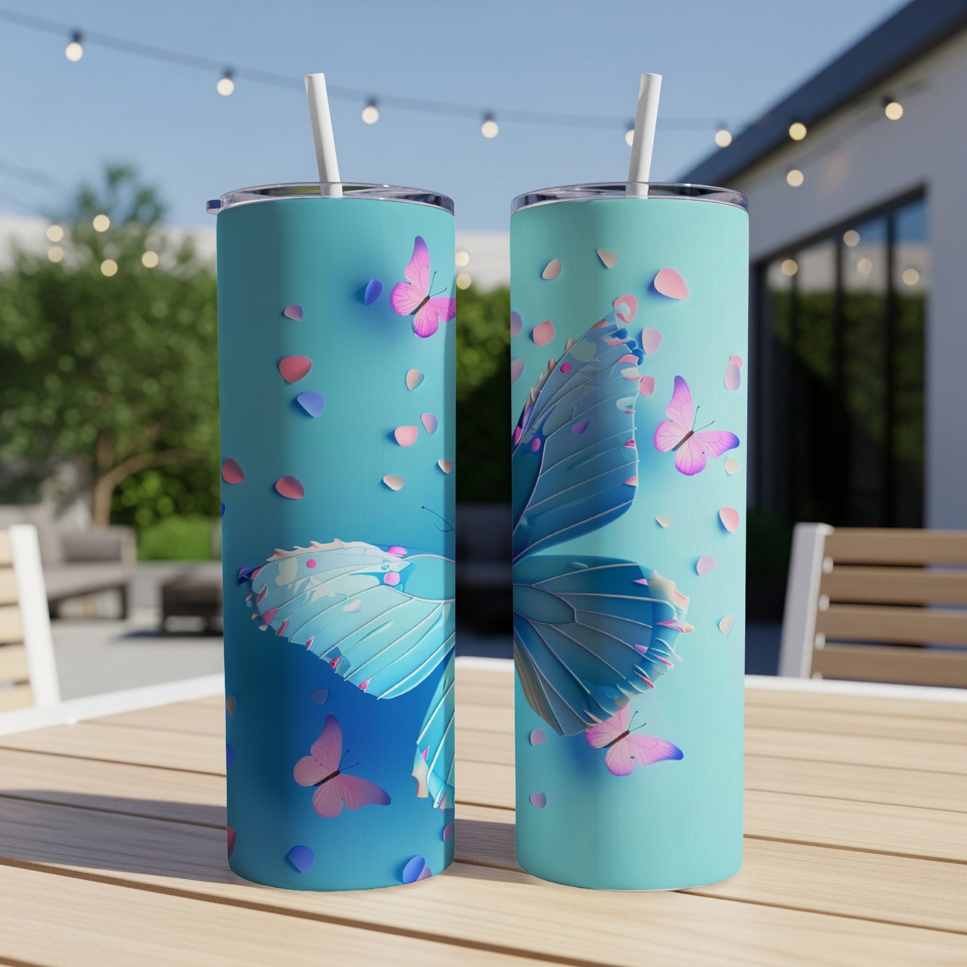 Two teal tumblers with blue and pink butterfly designs and scattered petals.