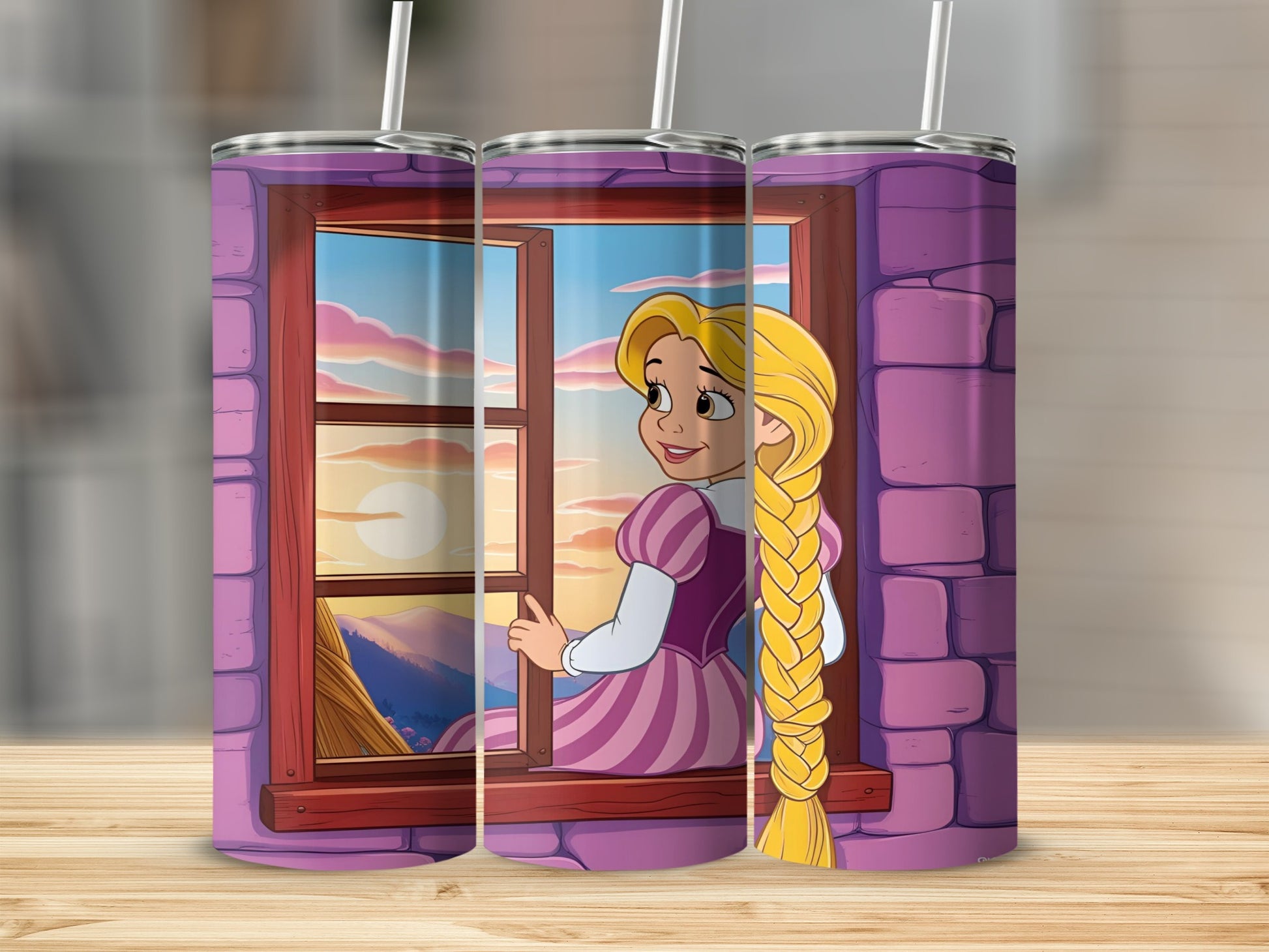 Rapunzel looking out a castle window at sunset, pink dress, braided hair.