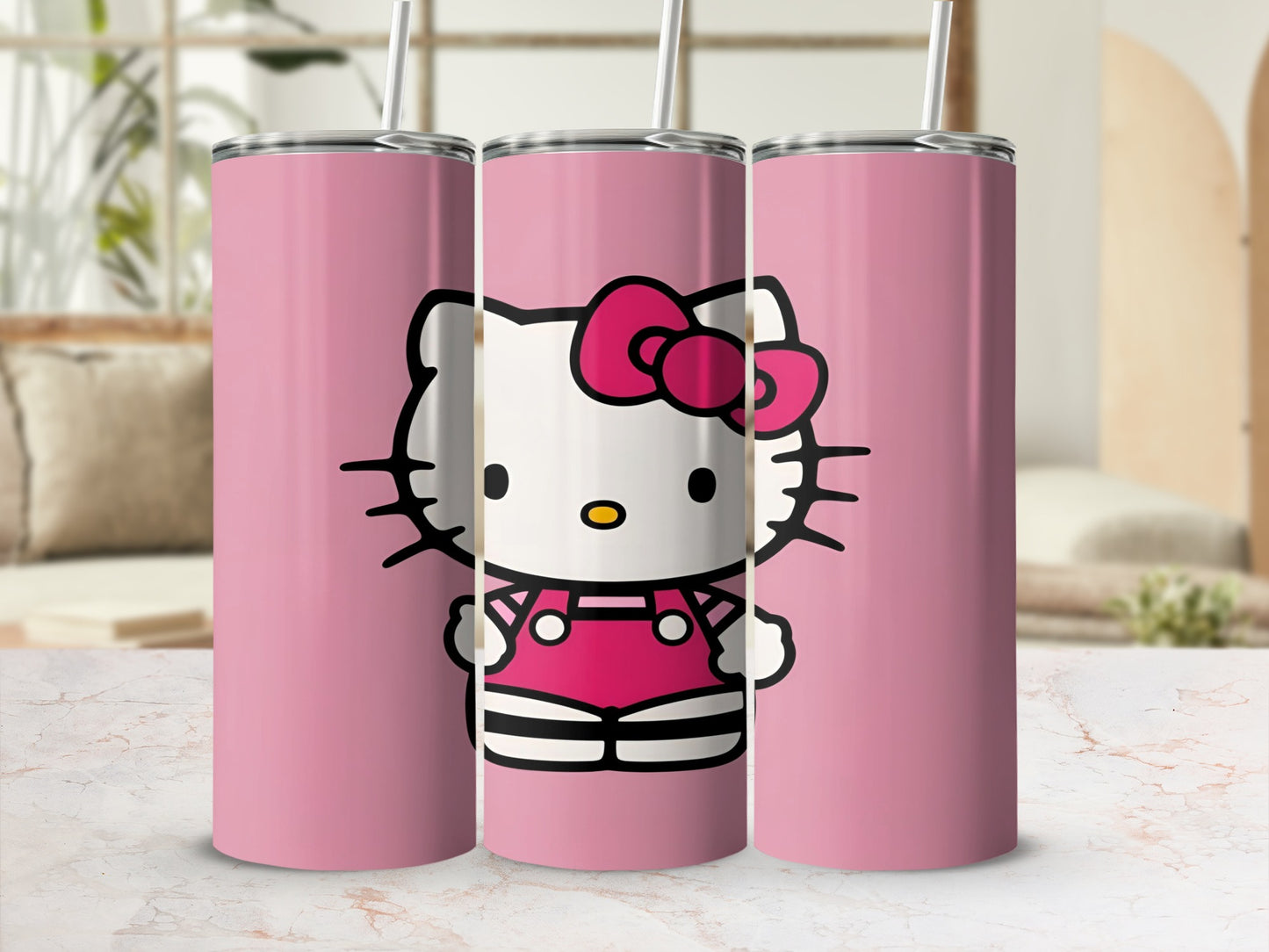 Three pink tumblers featuring a cartoon cat character in a pink jumpsuit.