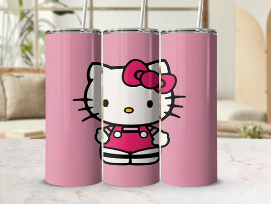 Three pink tumblers featuring a cartoon cat character in a pink jumpsuit.