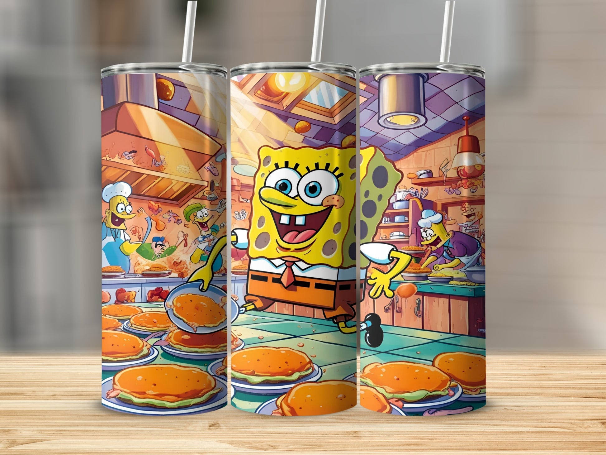 SpongeBob SquarePants cooking Krabby Patties in a kitchen.