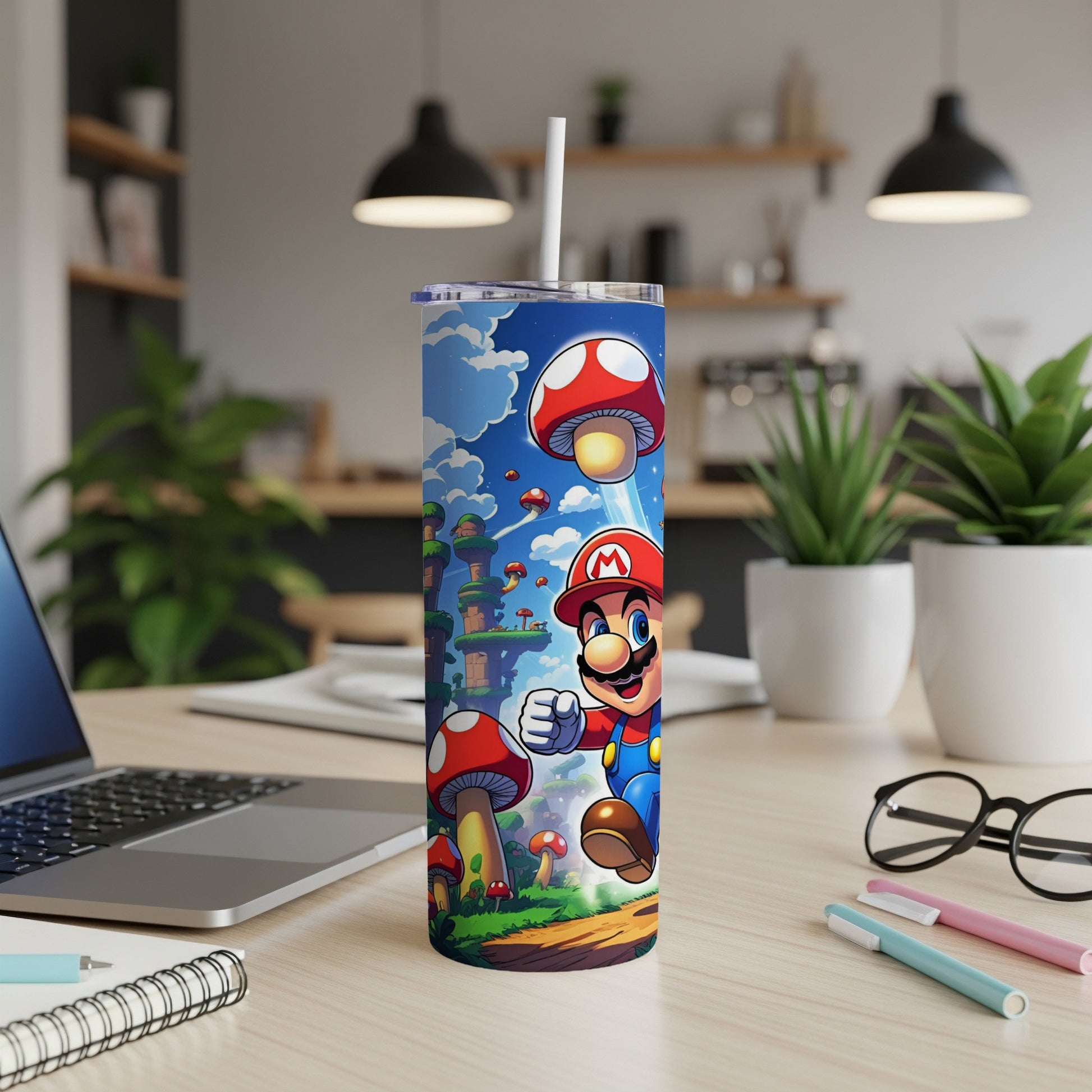 Mario character on a mushroom-themed tumbler with a straw.
