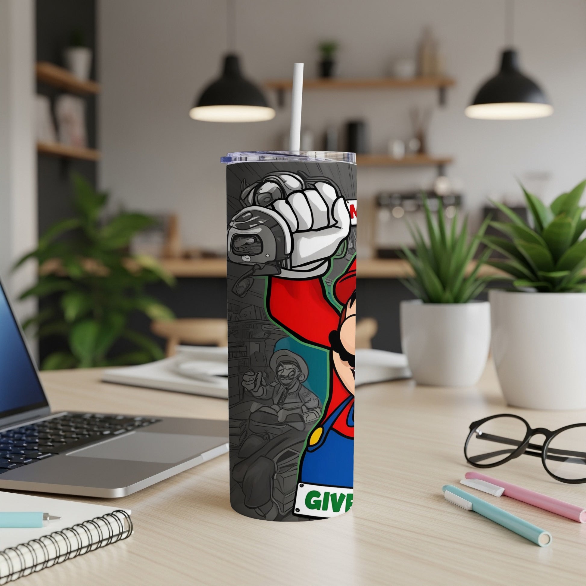 Mario holding a Game Boy on a skinny tumbler.