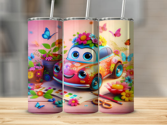 Cute Colorful Cartoon Car with Flowers Illustration Tumbler