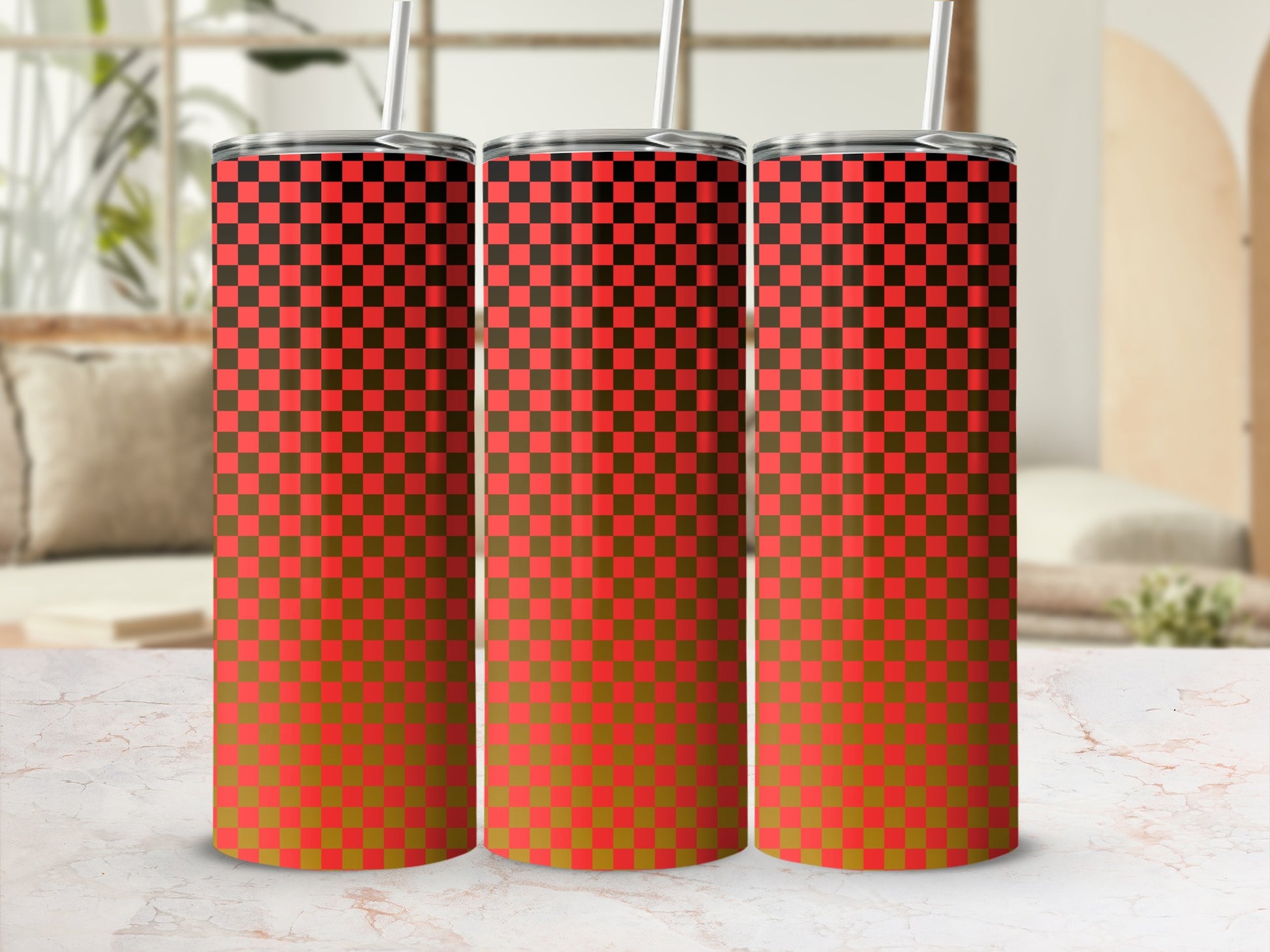 Three tall tumblers with a red and green checkered gradient pattern.