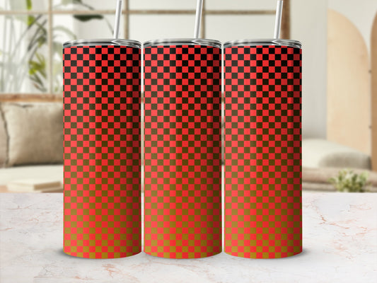 Three tall tumblers with a red and green checkered gradient pattern.