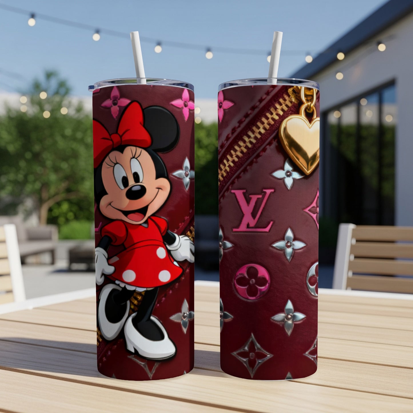Minnie Mouse on a dark red tumbler with Louis Vuitton-inspired pattern.