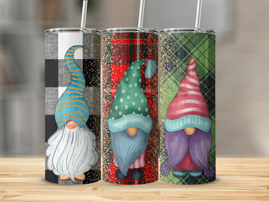 Three tumblers featuring gnomes with plaid backgrounds.