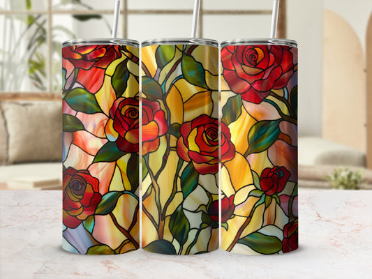 Three stained-glass tumblers with red roses and yellow accents.