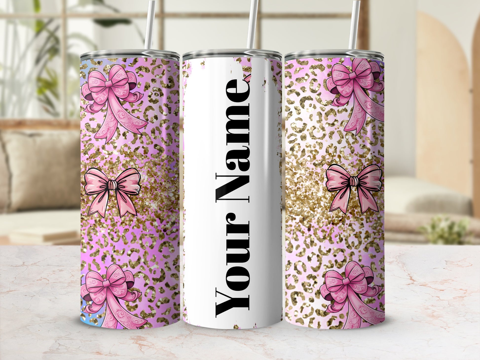 Personalized Pink Bow and Leopard Print Tumbler Cup