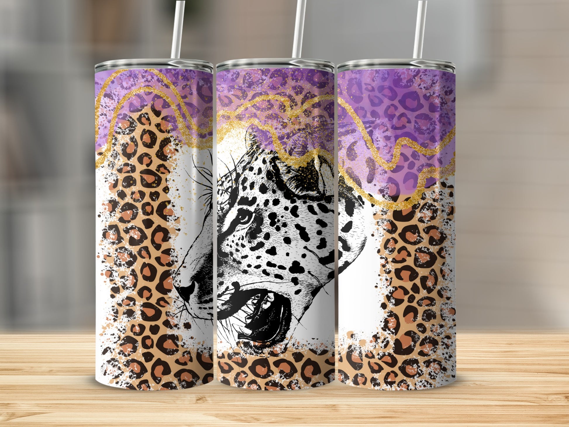 Leopard Print and Purple Abstract Stainless Steel Tumbler