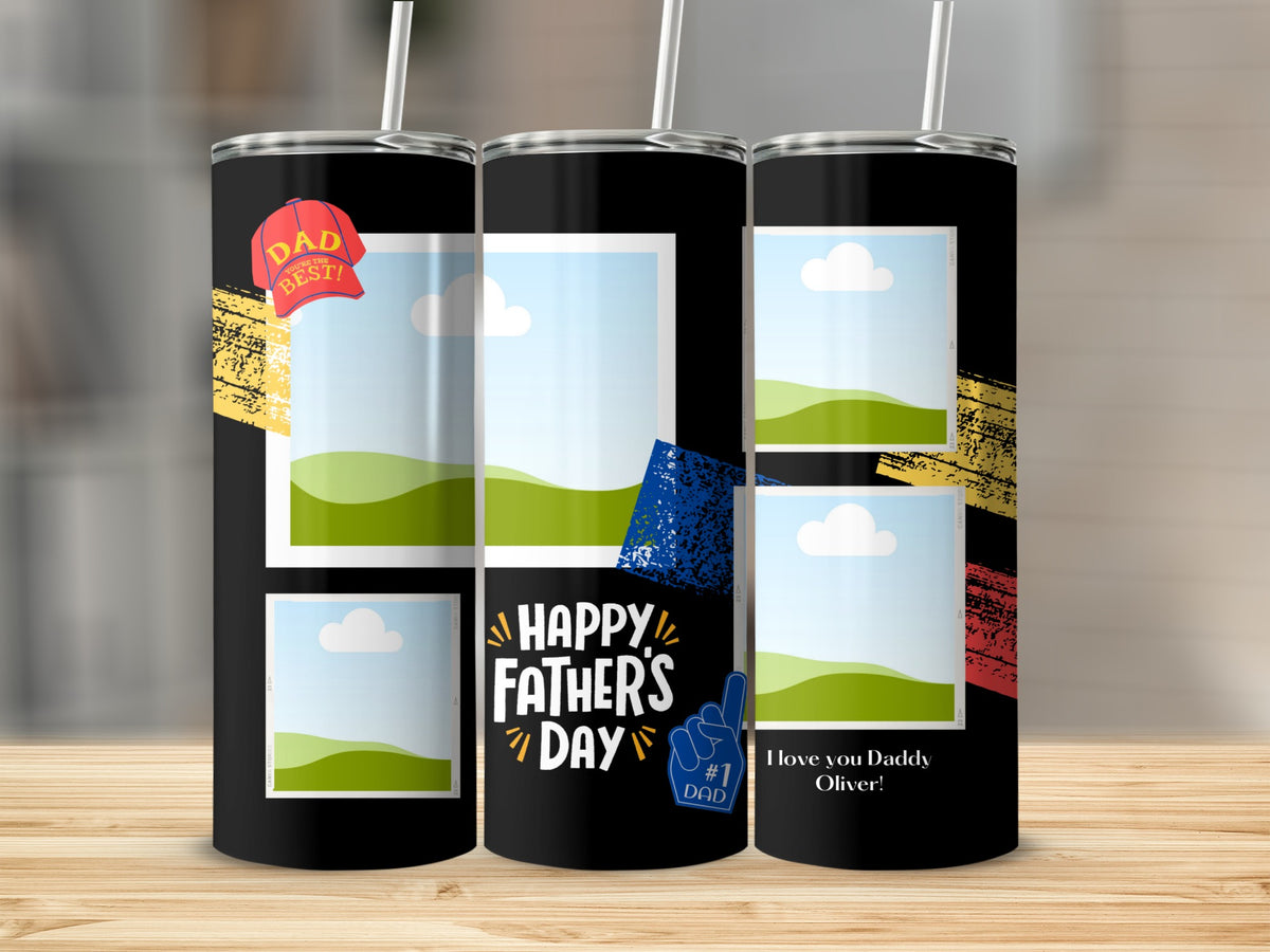 Personalized tumbler with "Happy Father's Day" message and photo frames.