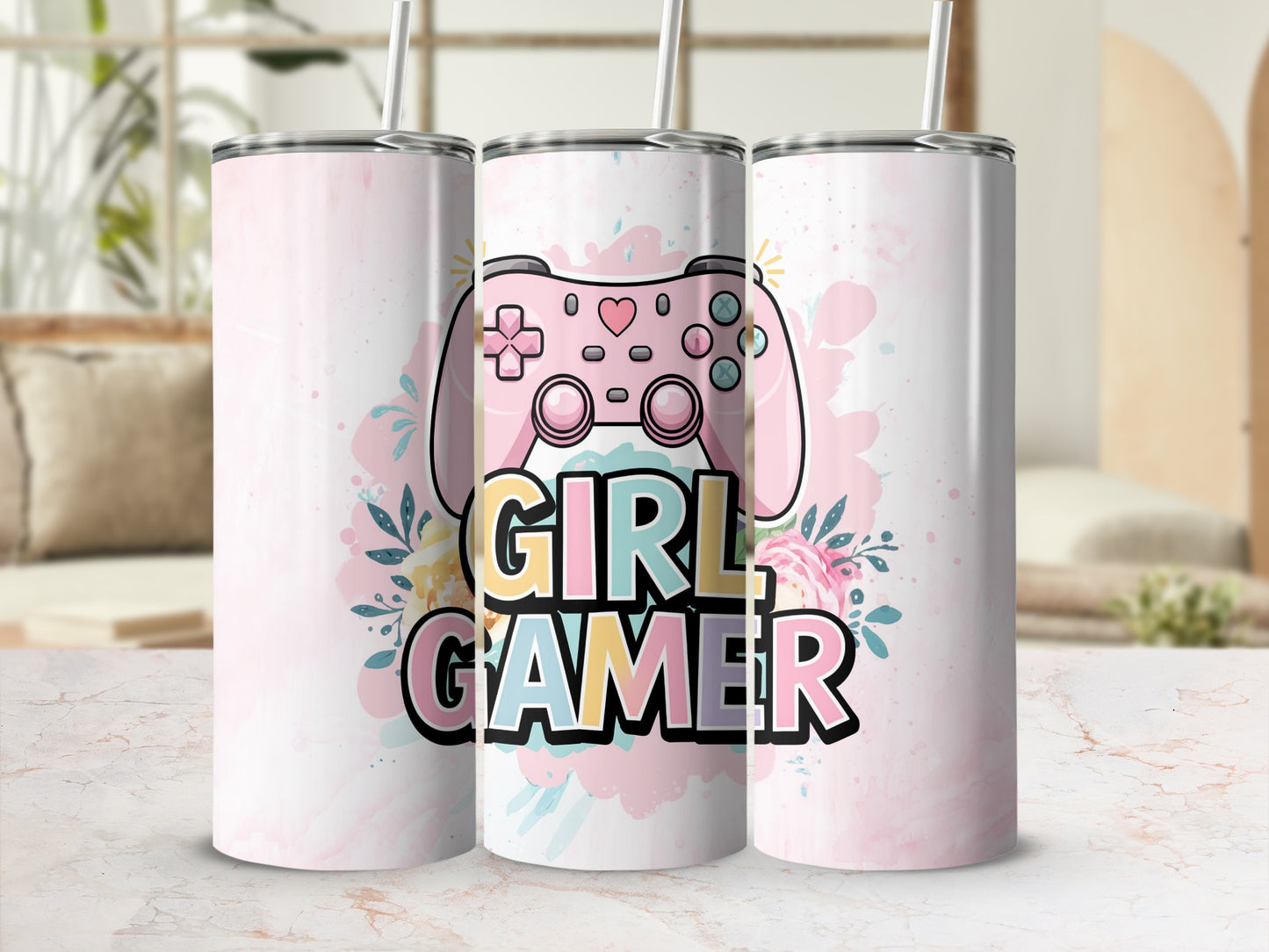 Pink tumbler with "GIRL GAMER" text and gaming controller design.
