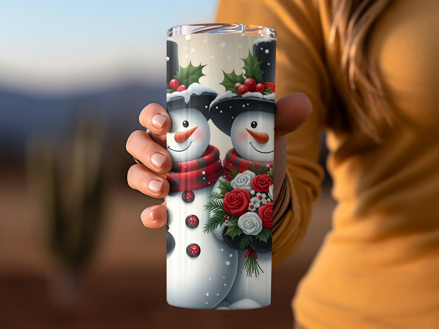 Festive Winter Snowman Couple with Roses Tumblers