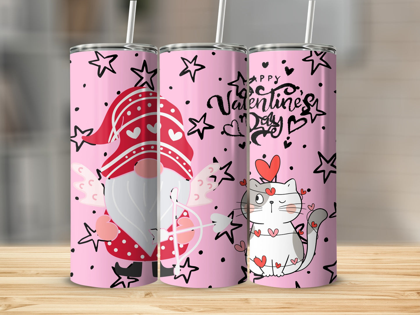 Cute Happy Valentine's Day Tumbler with Gnome and Cat