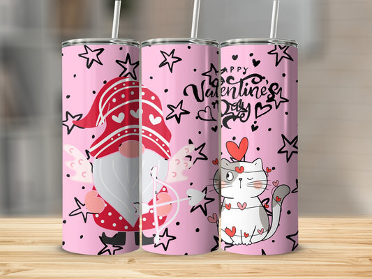 Cute Happy Valentine's Day Tumbler with Gnome and Cat