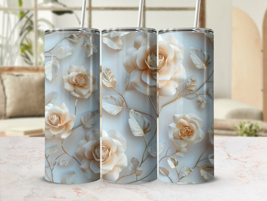 Three tumblers with pale roses and gold-trimmed leaves.