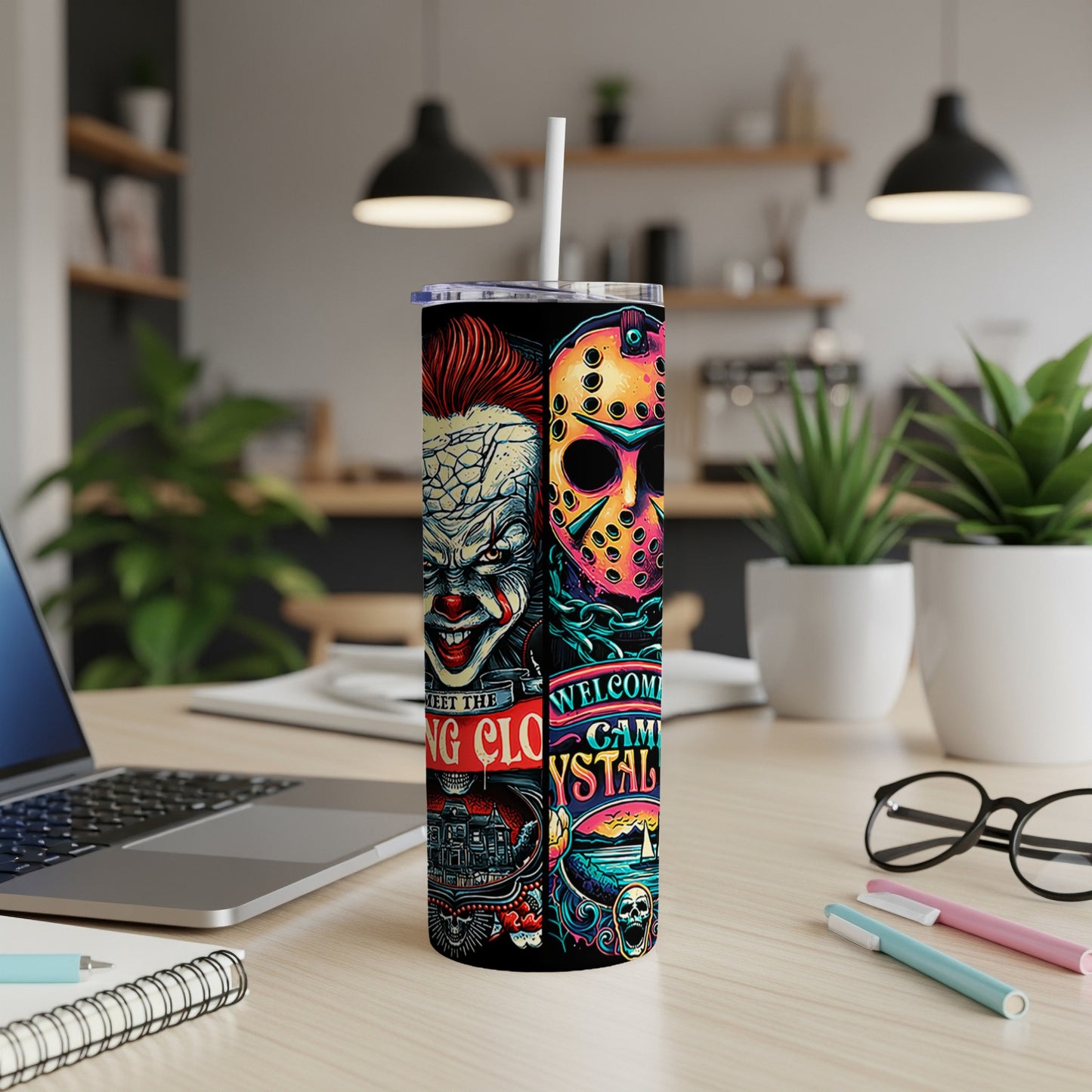 Tall tumbler with horror character art: clown and hockey mask designs.