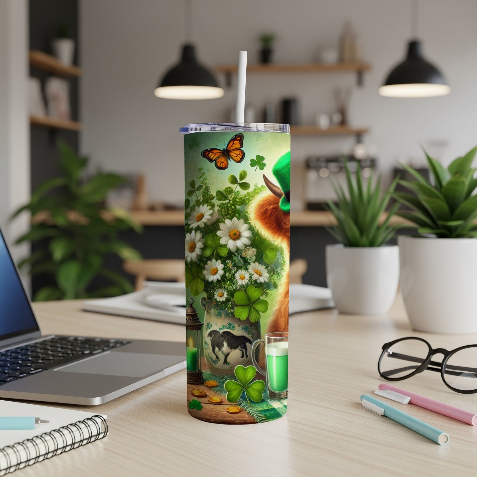 St. Patrick's Day themed tumbler with shamrocks, a cow, and coins.