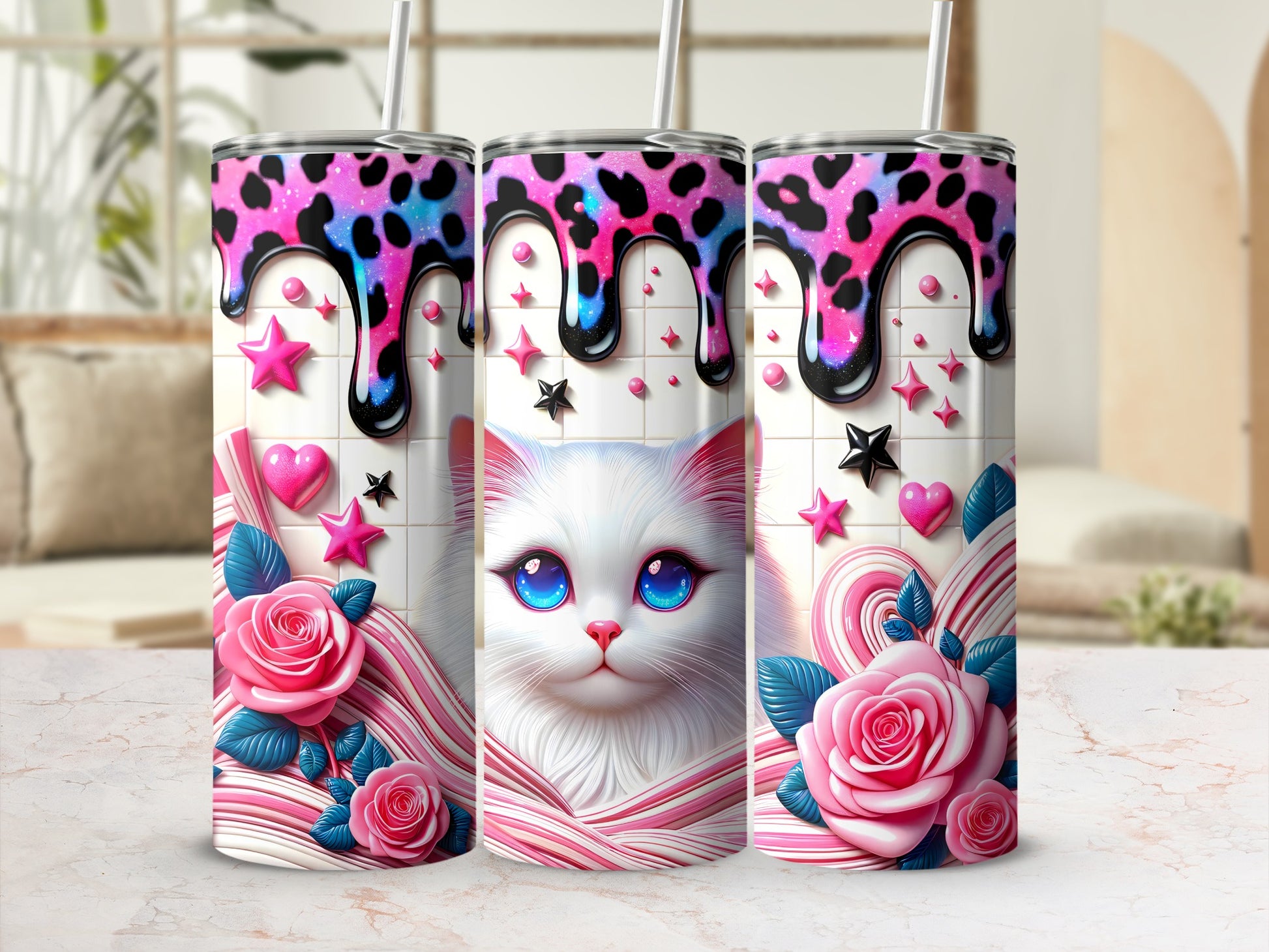 Pink and blue leopard print tumbler with dripping paint and white cat.