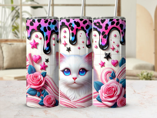 Pink and blue leopard print tumbler with dripping paint and white cat.