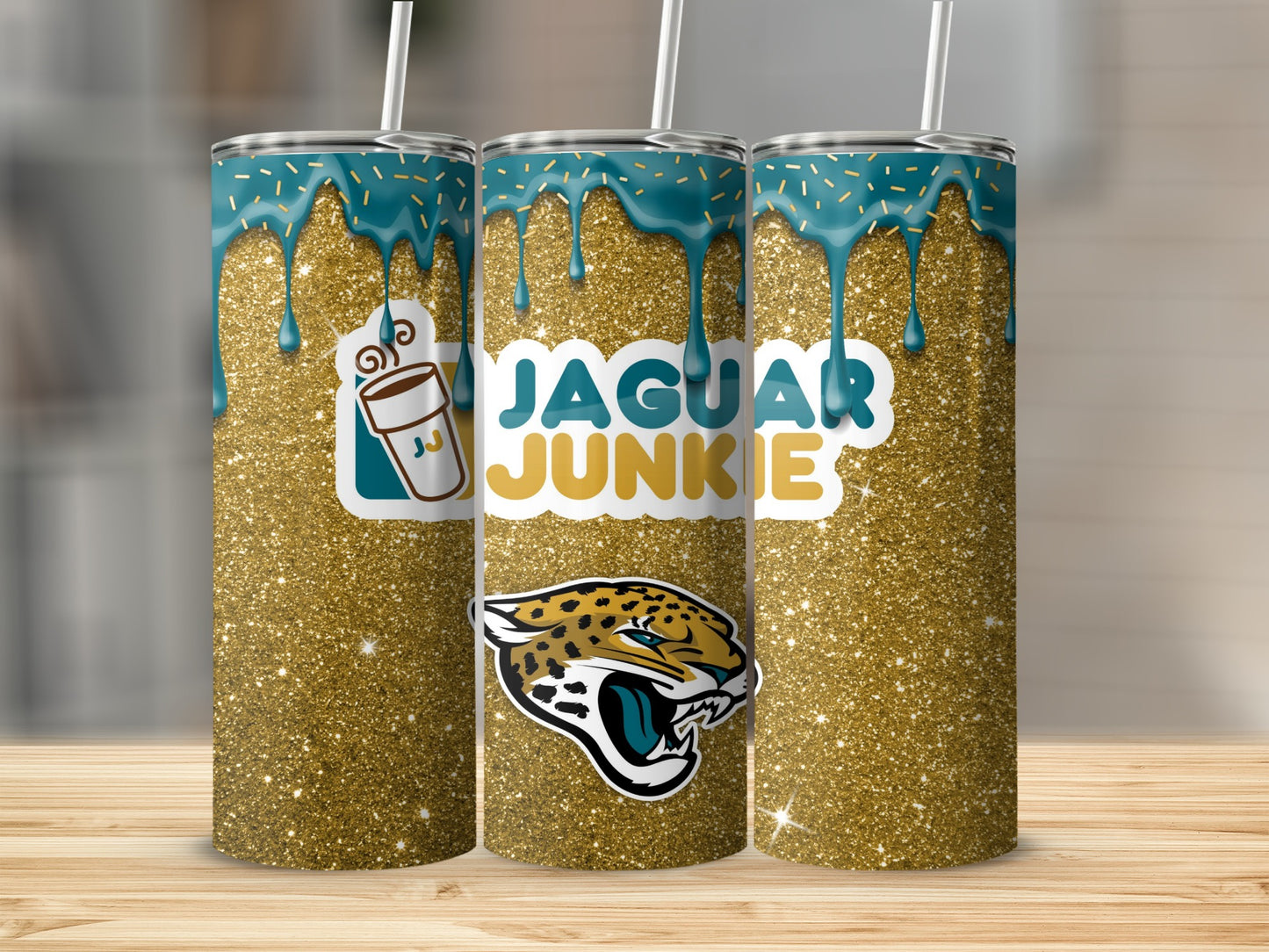Jaguar Junkie Gold Sparkle Tumbler with Straw