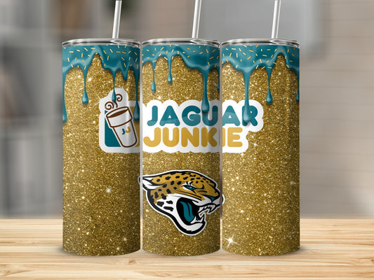 Jaguar Junkie Gold Sparkle Tumbler with Straw