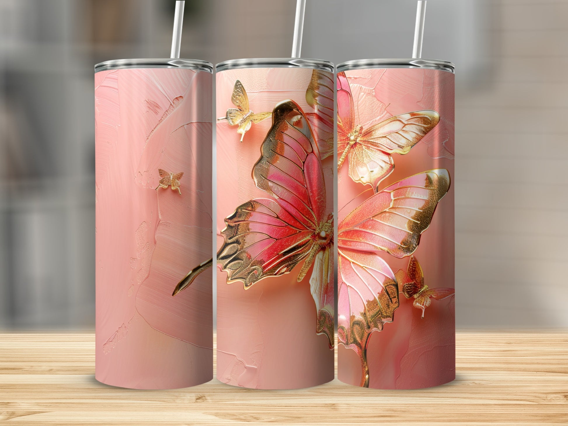 Pink tumbler with 3D golden butterflies and texture.