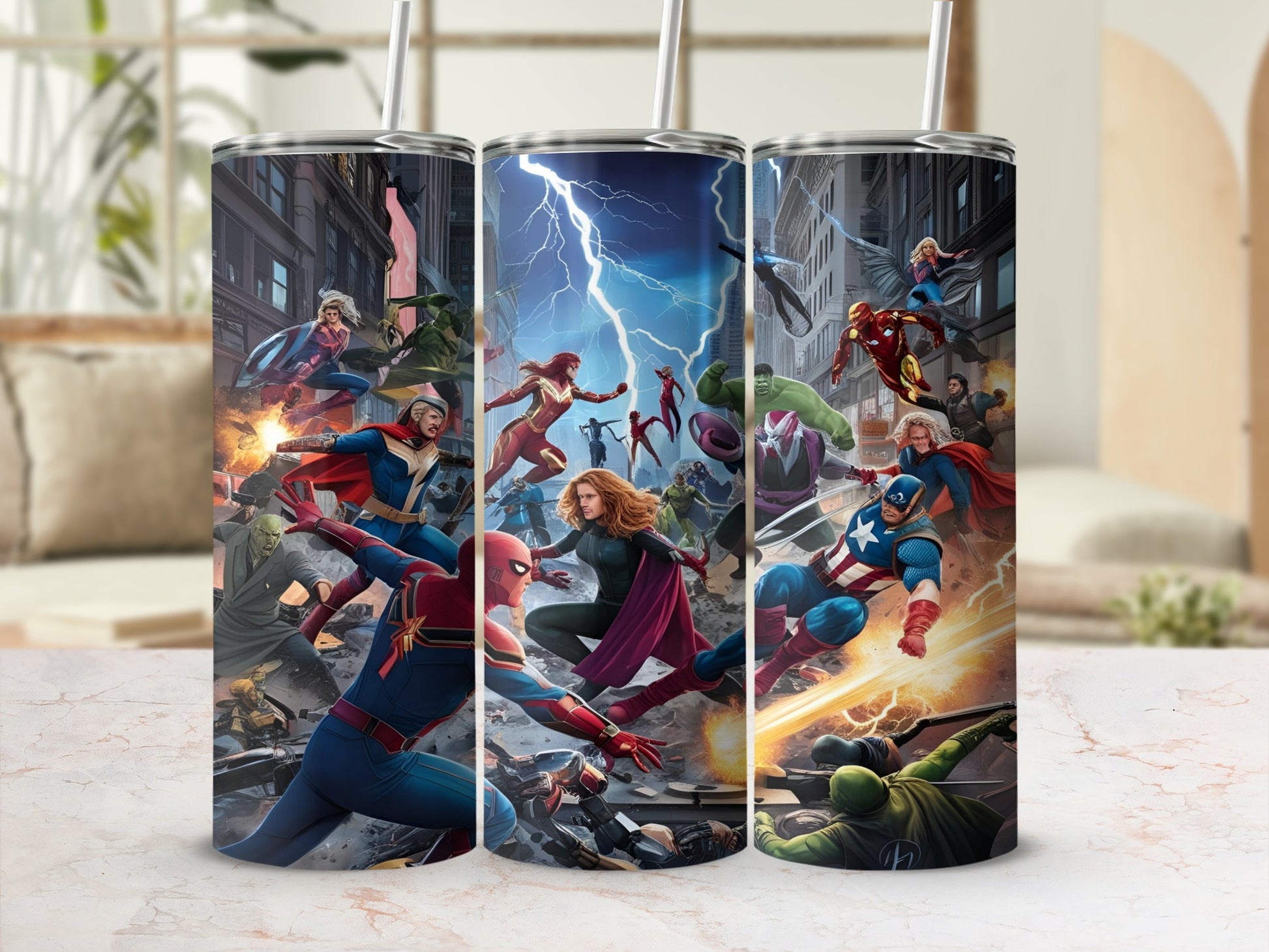 Marvel characters in dynamic action poses with lightning background on three tumblers.