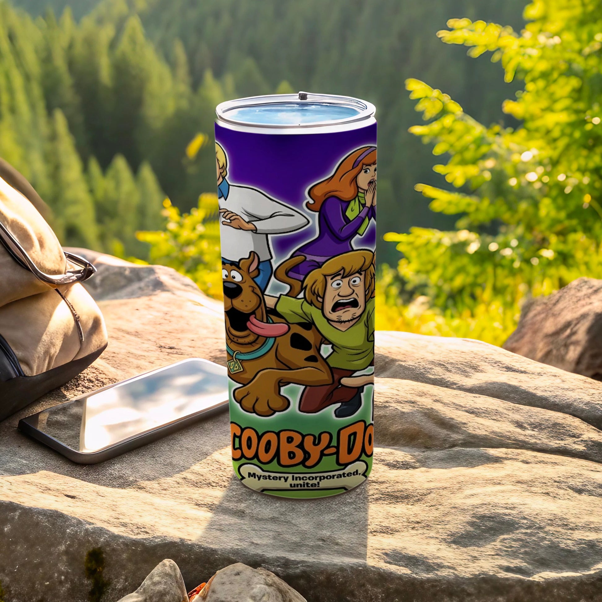 Scooby-Doo characters on a skinny tumbler with "Mystery Incorporated! Unite!" text.