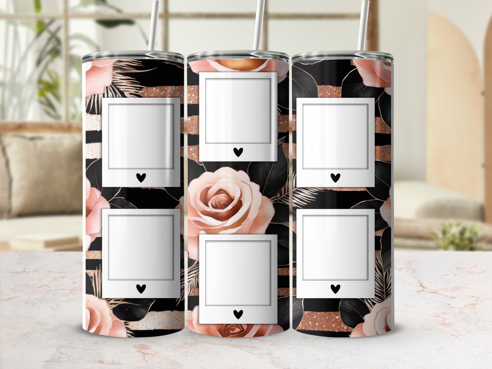 Tumbler with black and gold stripes, floral accents, and four blank photo frames.