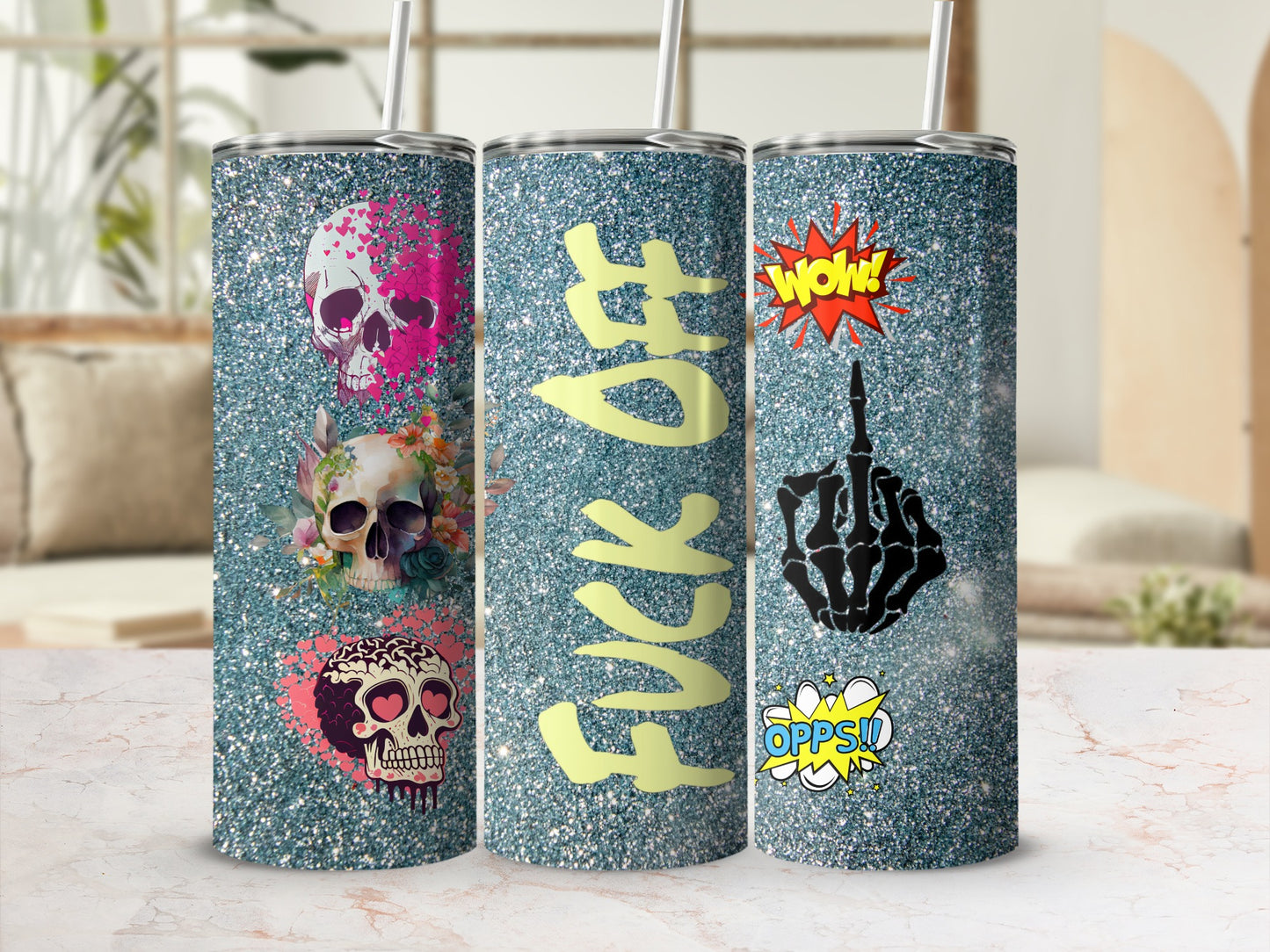 Glitter Skull Fuck Off WOW OPPS Tumbler