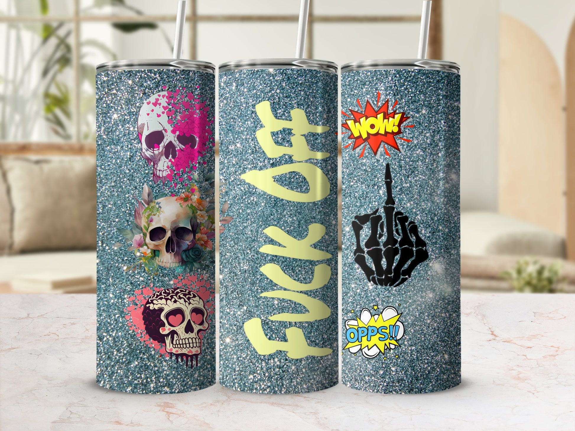 Glitter Skull Fuck Off WOW OPPS Tumbler