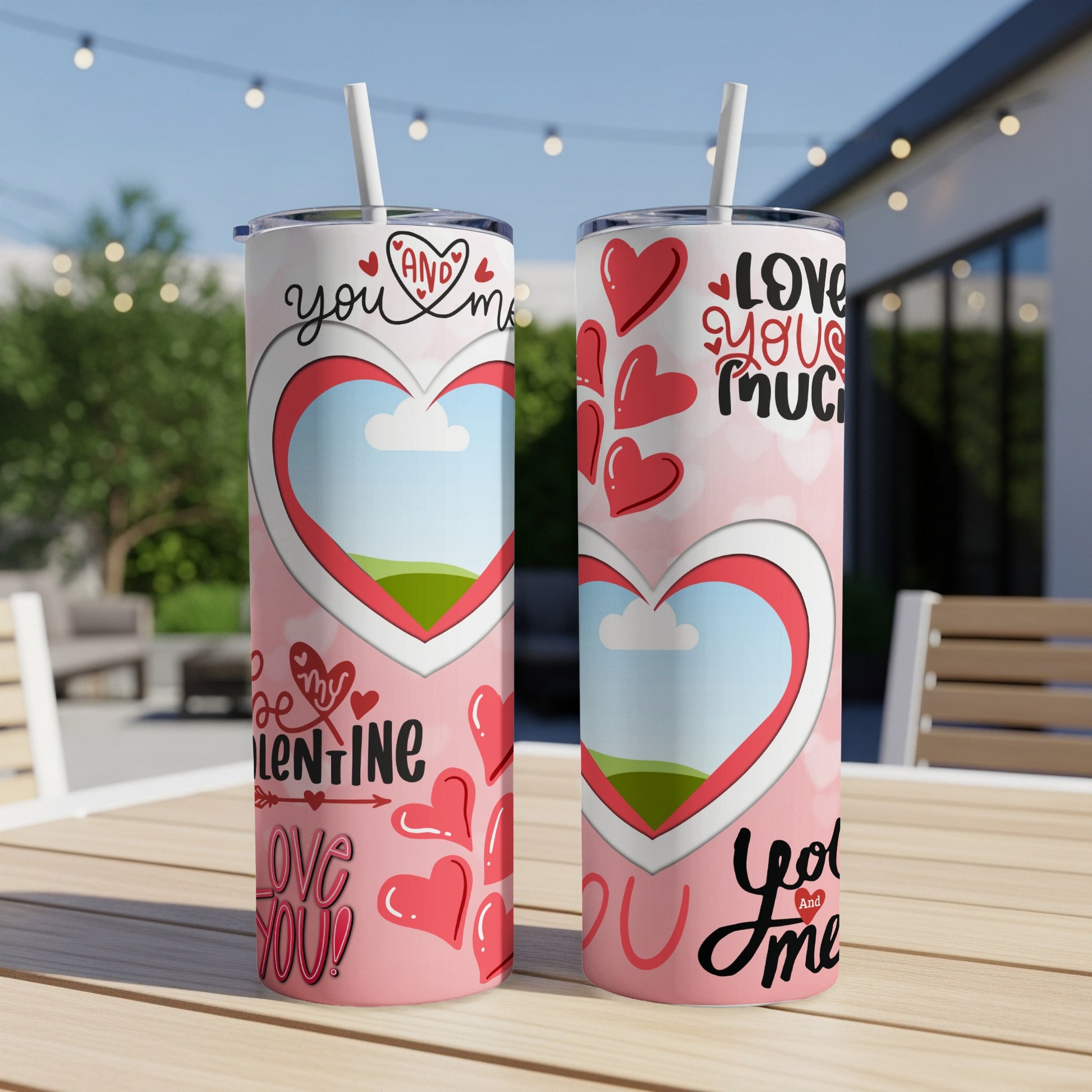 Two Valentine's Day themed tumblers with hearts and text "you and me" and "love you".