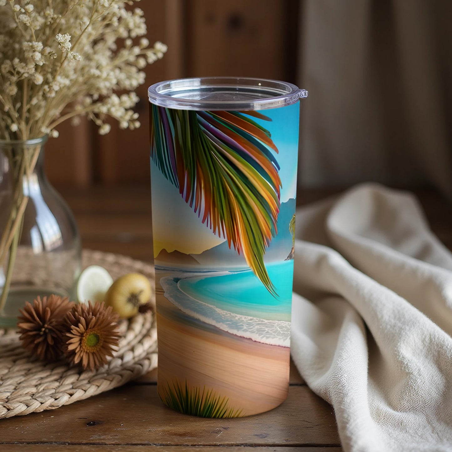 Colorful Beach and Palm Leaves Tall Tumbler