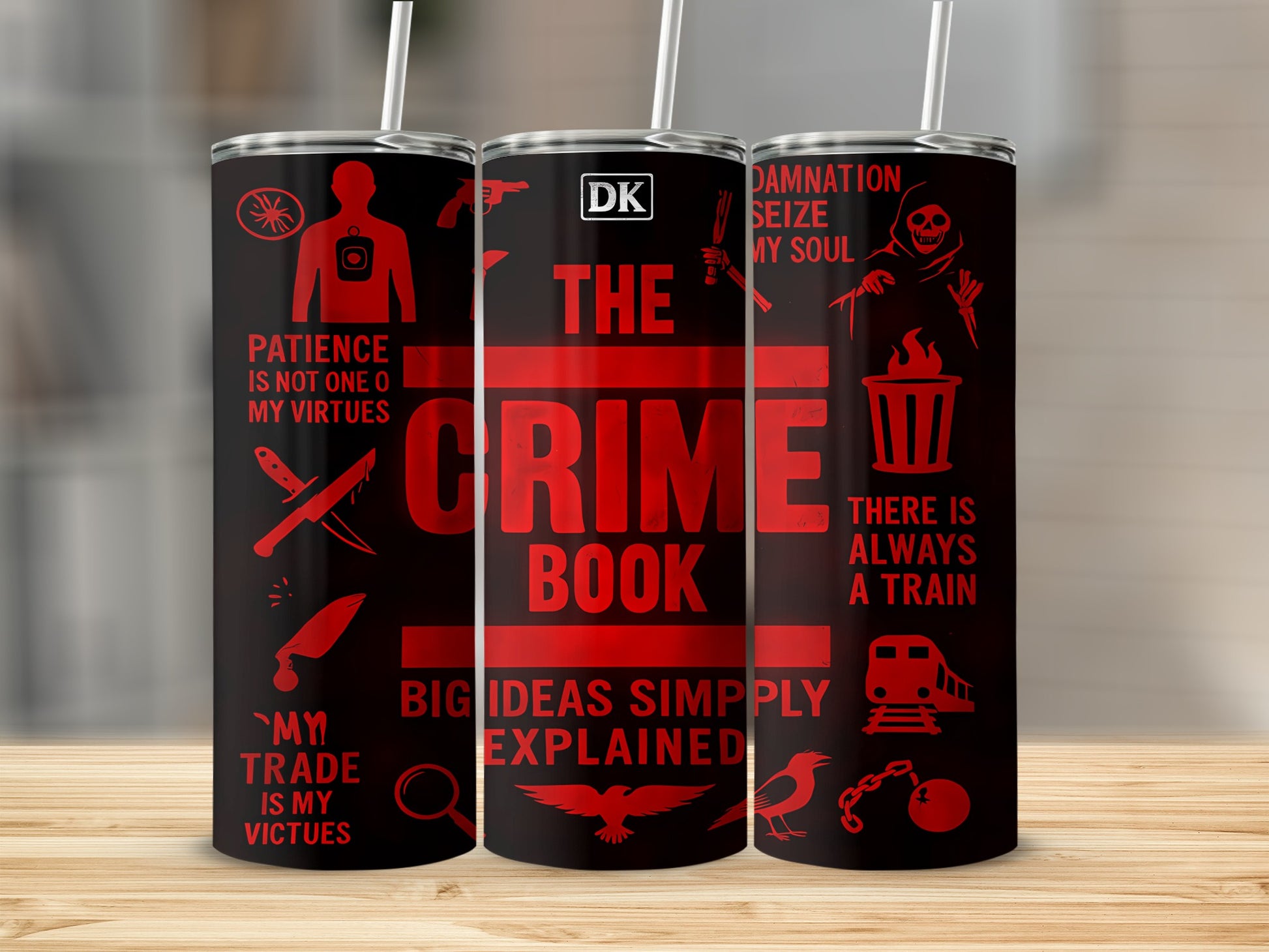Black tumbler with red text "THE CRIME BOOK BIG IDEAS SIMPLY EXPLAINED" and crime-themed graphics.